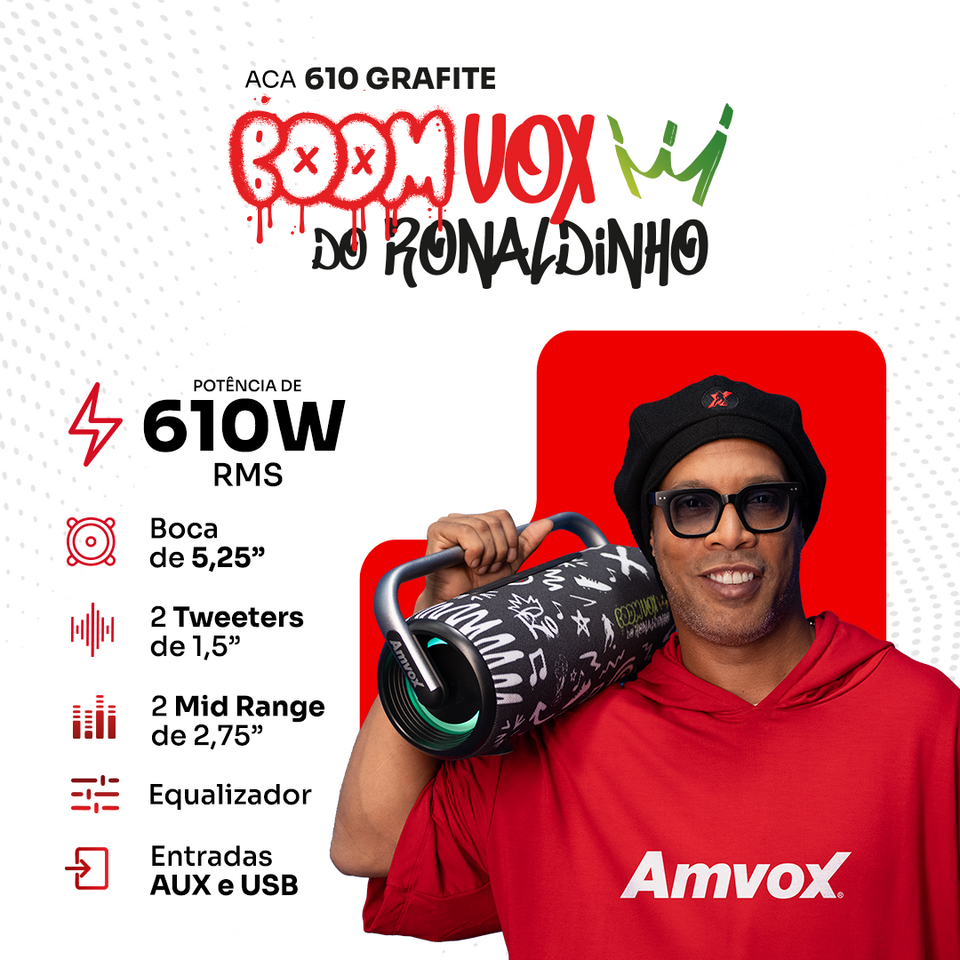 Caixa de Som Boombox do Ronaldinho Gaúcho ACA 610 Boomvox Grafite Caixa de Som Boombox do Ronaldinho Gaúcho ACA 610 Boomvox Grafite